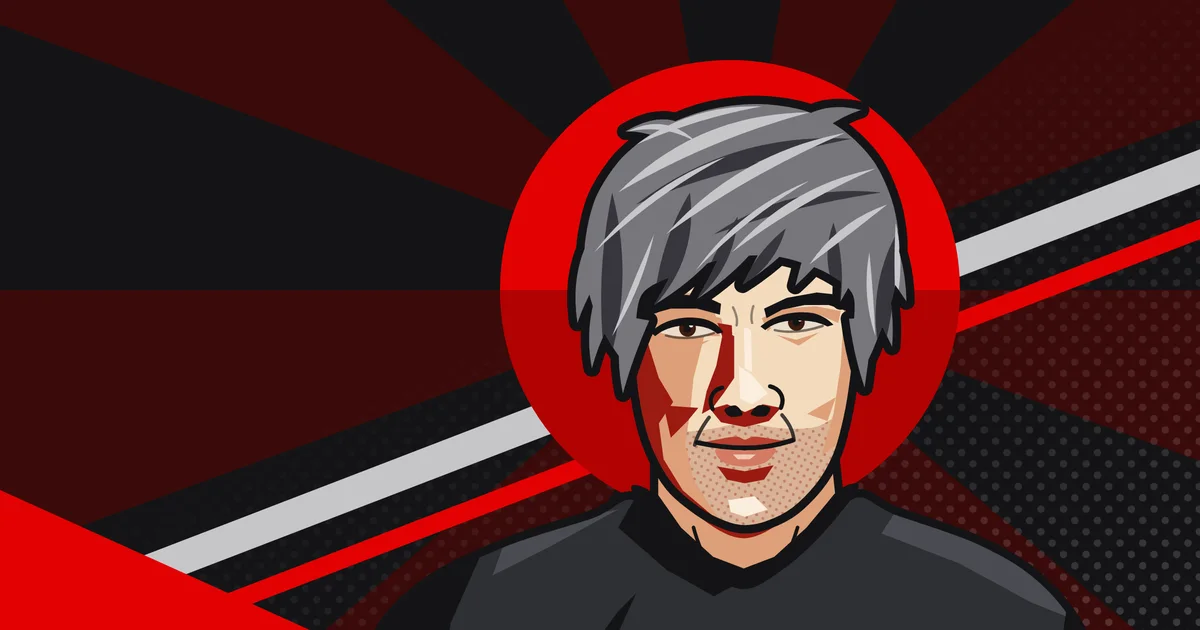 Illustrated propaganda-poster portrait of Marcelo Laserna, grey hair and cream skin with dark-red shadows, in front of a red sun and rays.